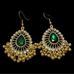 Gold-Toned Teardrop Chandbali Earrings With Green Gemstones & Glass Beads